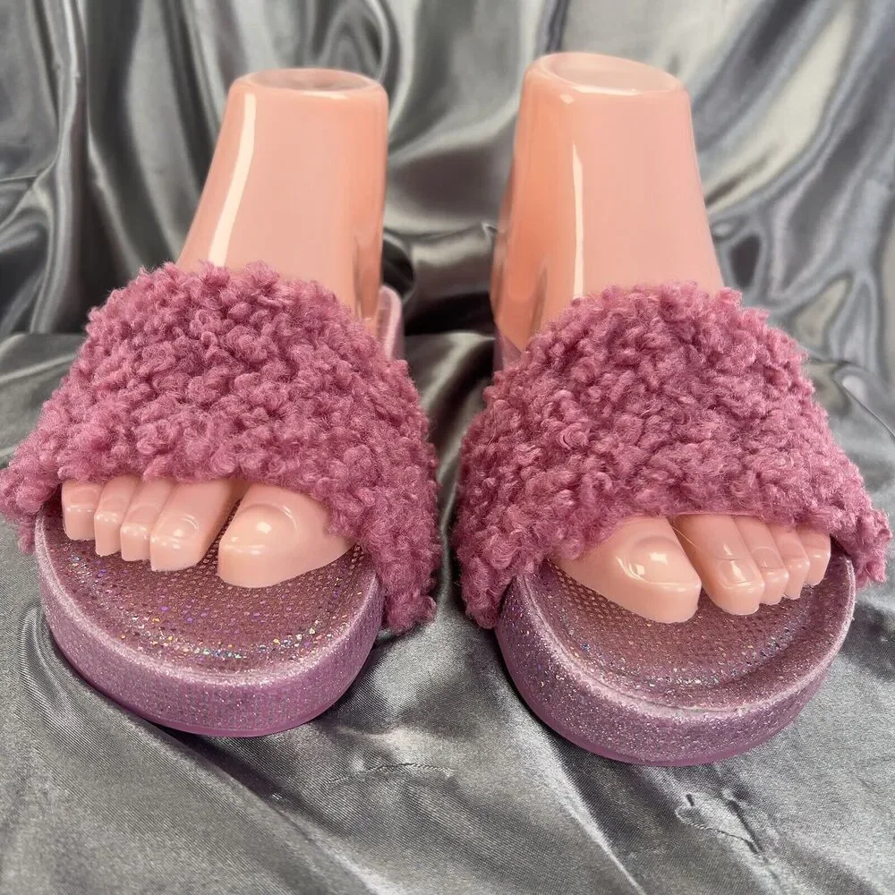 Steve Madden Girls‎ Size 4 Slides Pink Fuzzy Sandals Glitter Sparkles Hearts